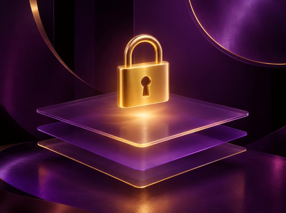 Golden padlock resting on translucent design layers