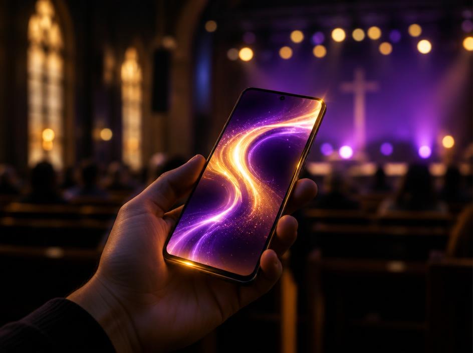 Phone glowing inside a dim church hall