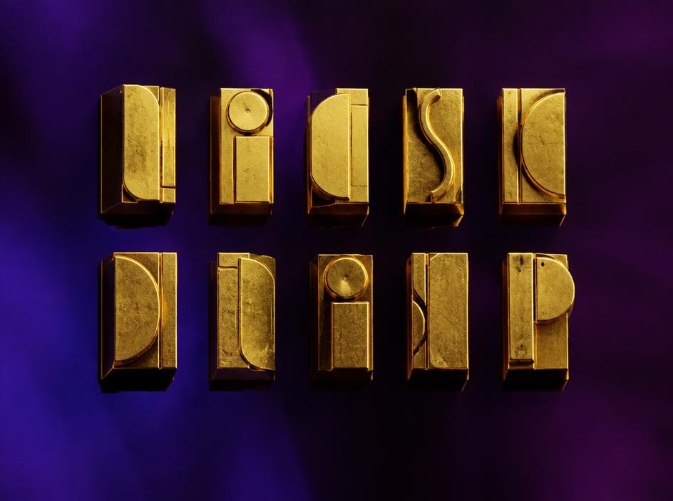 Golden letterpress type blocks in perfect alignment