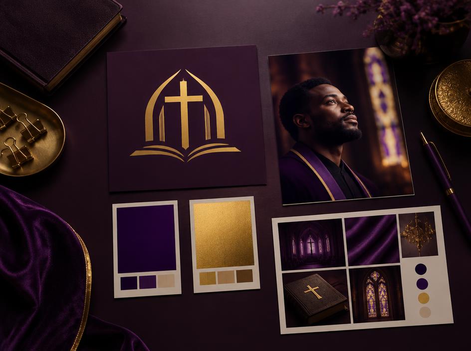 Church logo, colour swatches and portrait arranged as a brand board
